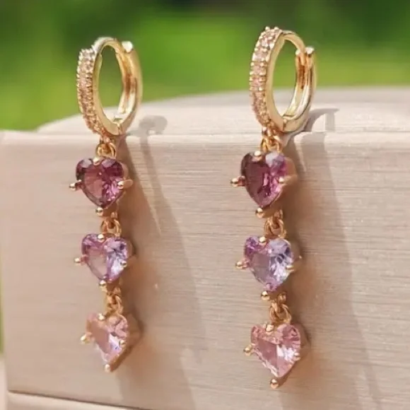 Purple Amethyst Lavender & Pink Topaz Heart Diamond Gold Toned Earrings - Picture 3 of 4